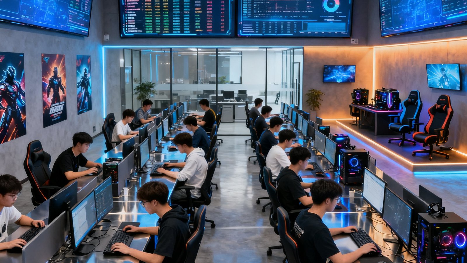 宽敞明亮的开放式办公室内，约四十位穿着休闲的年轻工程师坐在双排长桌前专注工作，墙壁上悬挂着多块大屏幕实时滚动显示全球电竞赛事数据和服务器负载状态，角落的休息区摆放着电竞椅和游戏主机，整体装修风格融合了科技感与电竞文化元素。