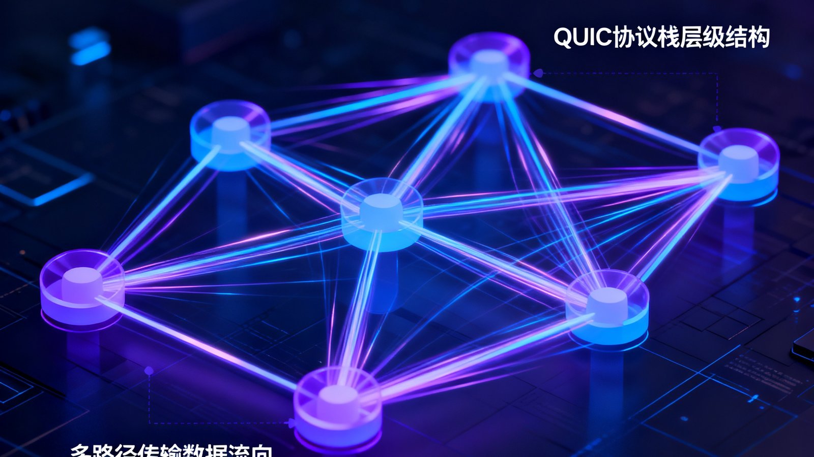 WebStream协议技术博客配图，展示了一个复杂的网络拓扑结构图，节点之间以动态光线连接，图中标注了QUIC协议栈的层级结构和多路径传输的数据流向。