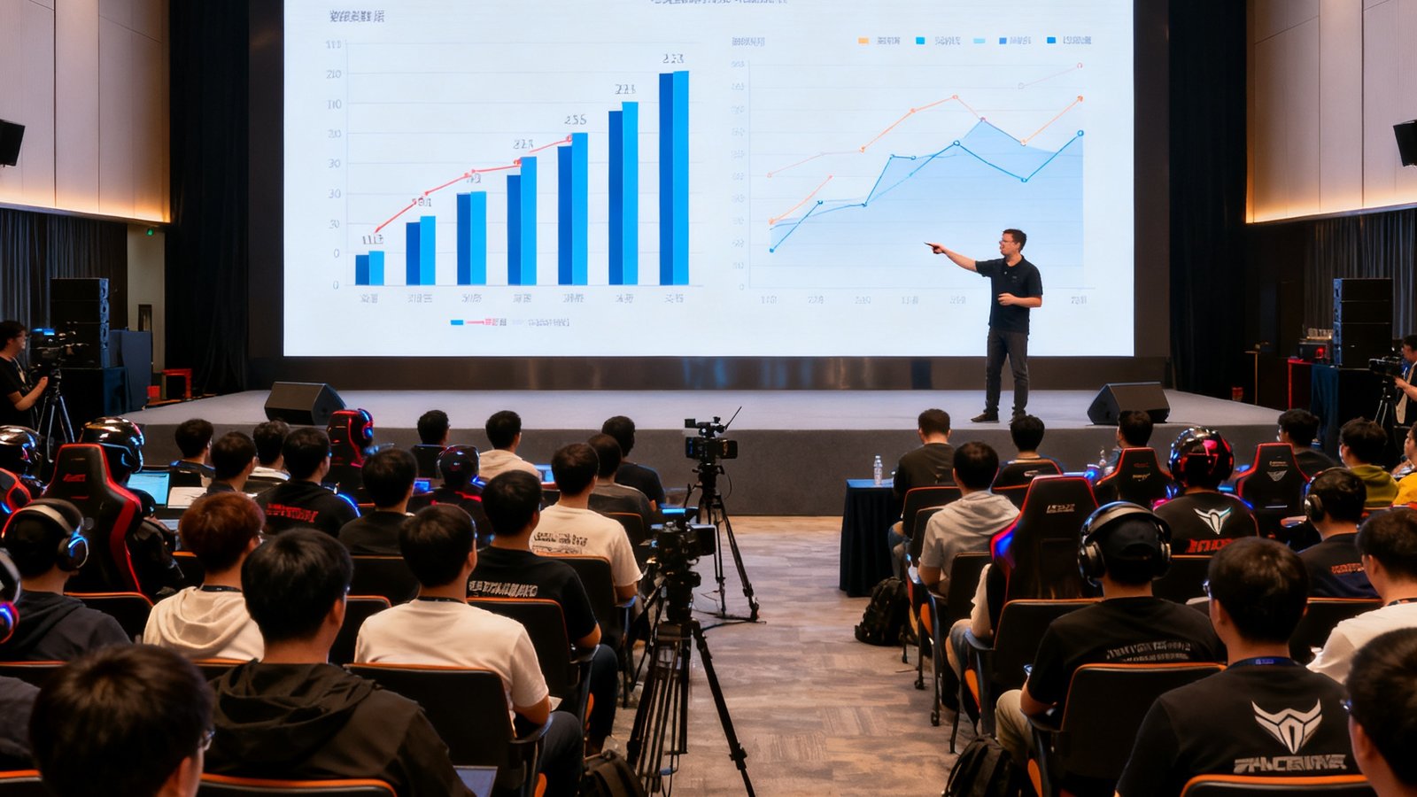 2025年电竞数据开放日活动现场照片，宽敞的会议厅内坐满了来自不同电竞机构和媒体的参会者，舞台上的演讲者正指着大屏幕上的数据分析图表进行讲解，屏幕上方显示着'电竞数据开放日2025'的活动标题。