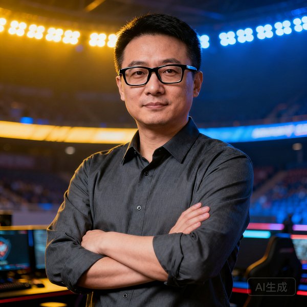 周铭远，竞技宝创始人兼CEO，38岁，戴着黑框眼镜，身穿深灰色衬衫，双手交叉放在胸前，背景是电竞场馆的LED灯光墙，表情坚定而自信，眼神中透露出对技术极致的执着追求。