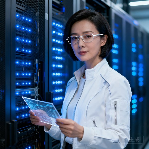 林雨桐，竞技宝联合创始人兼CTO，34岁女性，短发干练，佩戴银色细框眼镜，身着白色技术夹克，站在服务器机柜前，背景是闪烁的蓝色指示灯阵列，她手中拿着一块透明数据面板。